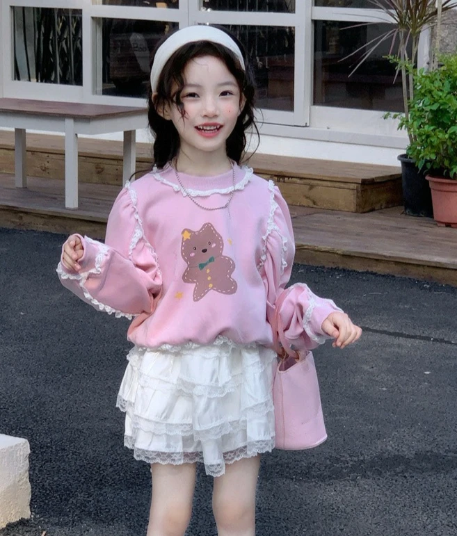

2026 Spring Autumn New Girls Elegant Cartoon Lace Hoodie Princess Shining Lace Half Skirt Two Piece Set