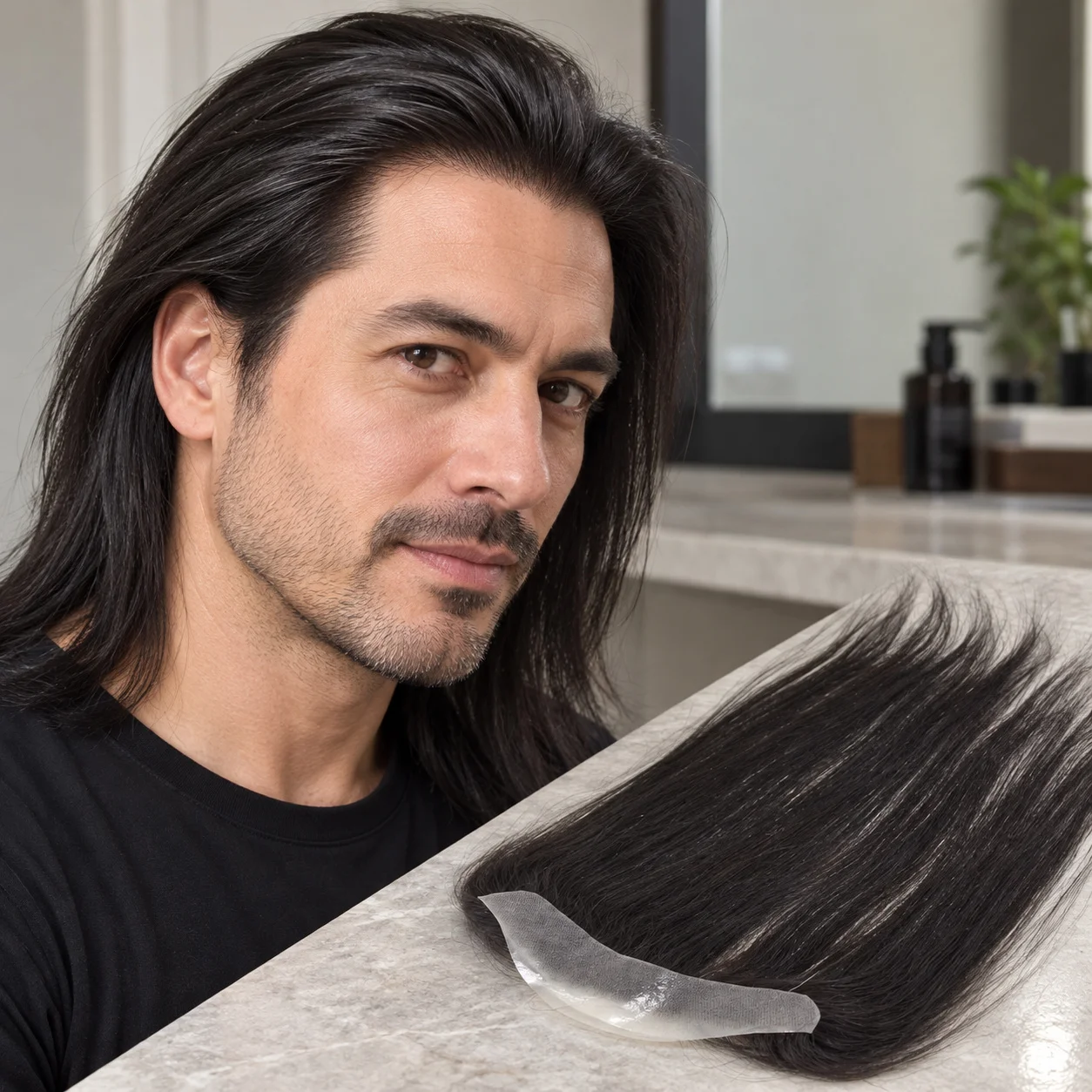 Men's Toupee 13in Long Straight Black 1B 100% European Human Hair 2x16cm PU Skin Hairline Frontal Replacement - Men's Hairpiece