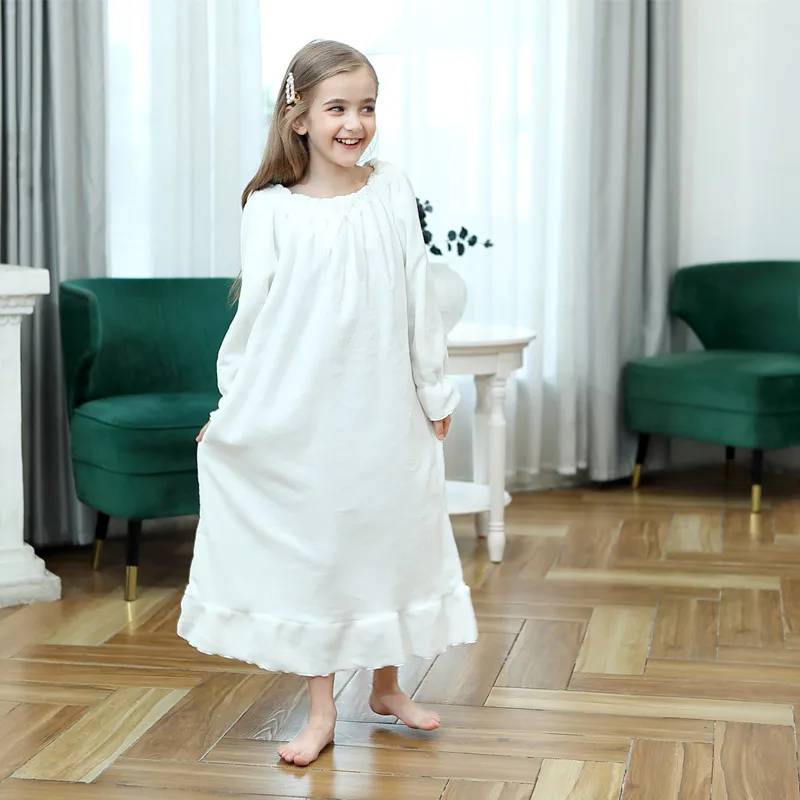 Girls Sleepwear Kids Nightgown White Nightdress Pajamas For Children\'s Flannel Double Fleece Long Princess 2023 Autumn Winter