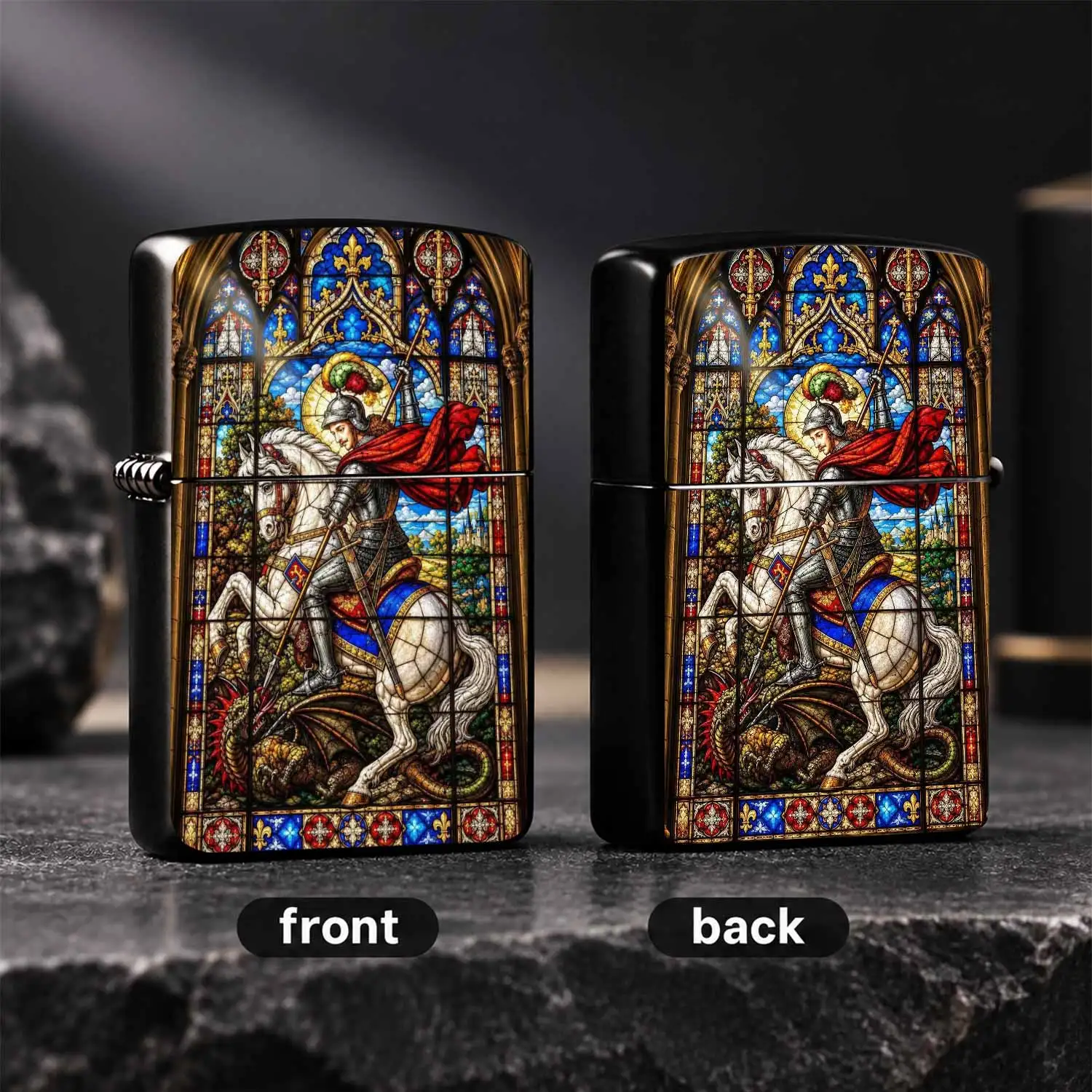 Vintage St. George Slaying Dragon Stained Glass Pattern Lighter, Gothic Art Style Decorative Portable Ignition Tool, Versatile For Daily Use, Collection, Gifting And All Occasions, Exquisite Unique Creative Ornament For Personal Carry A Hum