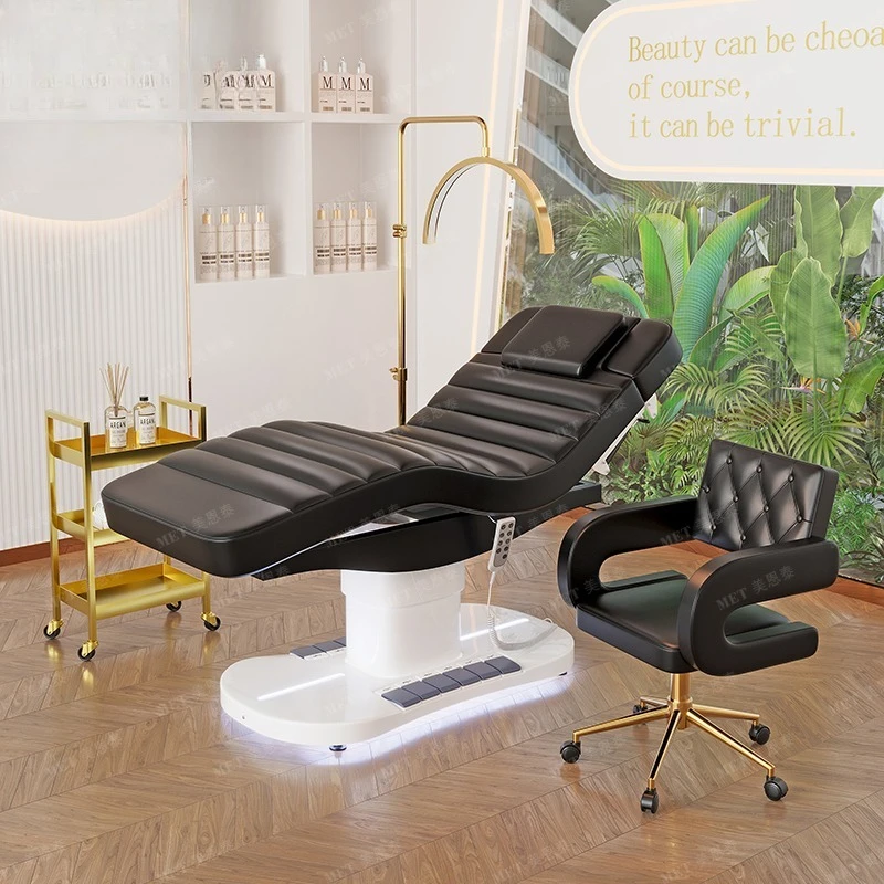 Modern Luxury Black PU White Metal Base Beauty Massage Bed with Foot Control and Lighting Suitable for Beauty Salons and Spa