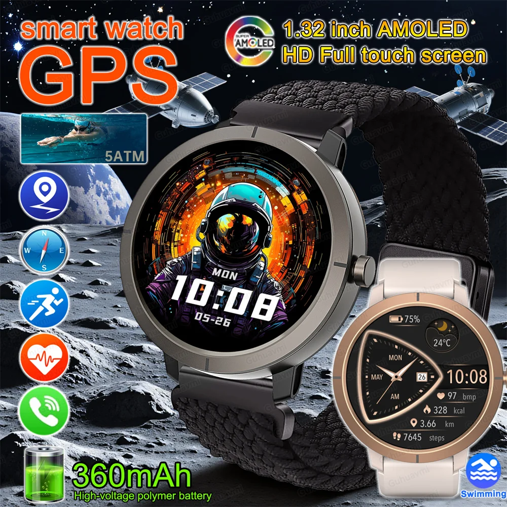 

GPS Smartwatch Six-star positioning Sport Smartwatch 5ATM Waterproof 170+ Sport Modes 1.32“ AMOLED Compass BT Call Men Women