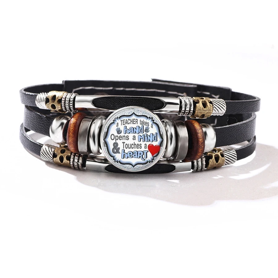 Retro Leather Bracelet Classic Teacher Inspirational Quote Red Heart Dome Ornament Meaningful Teacher Thank You Wrist Gift