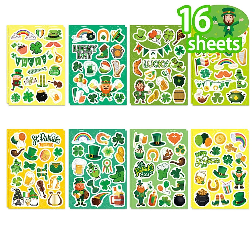 

16 Sheets St.Patrick's Day Children's Shamrock Stickers DIY Scrapbooking Envelopes Cards Decorative Stickers Stationery