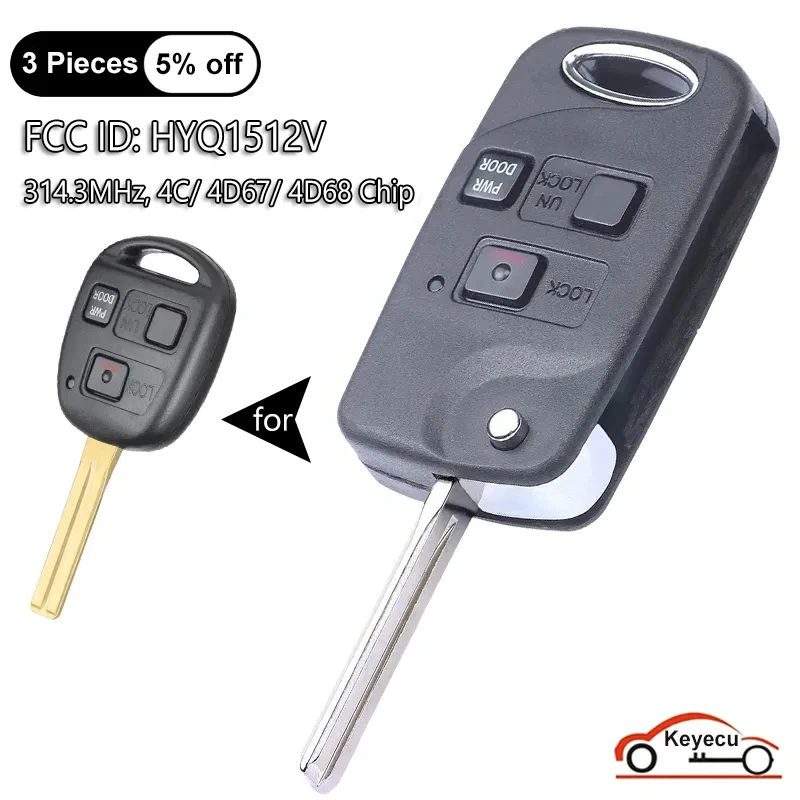 

KEYECU 3 Buttons 314MHz 4C 4D67 4D68 Chip for Lexus ES300 GS300 GS400 IS300 1998-2005 Auto Flip Remote Control Key Fob HYQ1512V