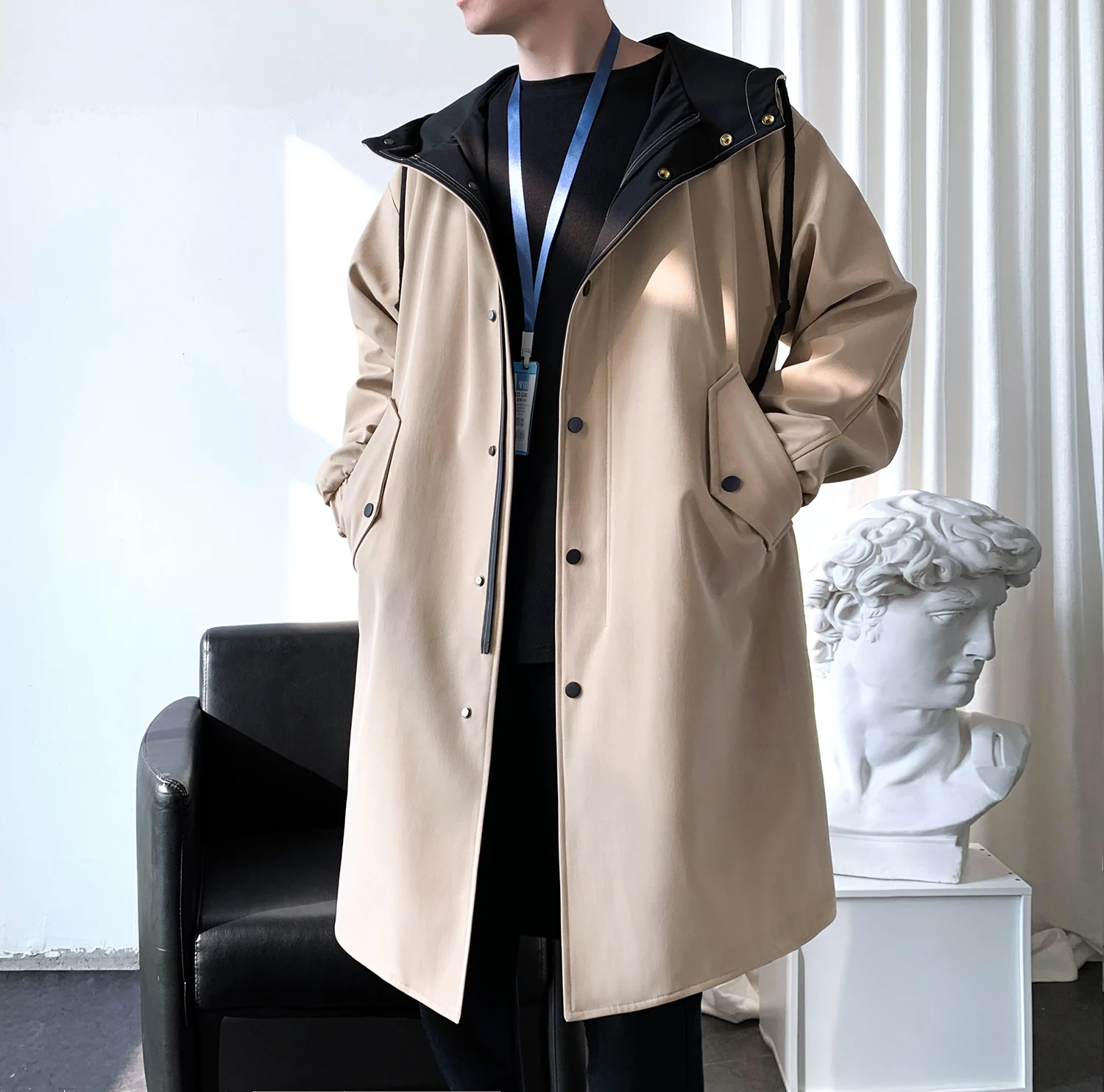 Casual Loose Oversized Windbreaker Fashionable Contrasting Hooded Jacket Men Pocket Zippered Coat Knee Length Top Trendy Clothes
