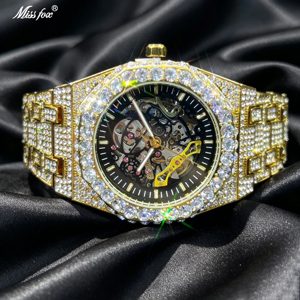 Missfox Automatic Watches For Men Luxury Full Ice Out Hip Hop Tourbillon Watches Bling Diamond Silver Male Mechanical Rolx Clock