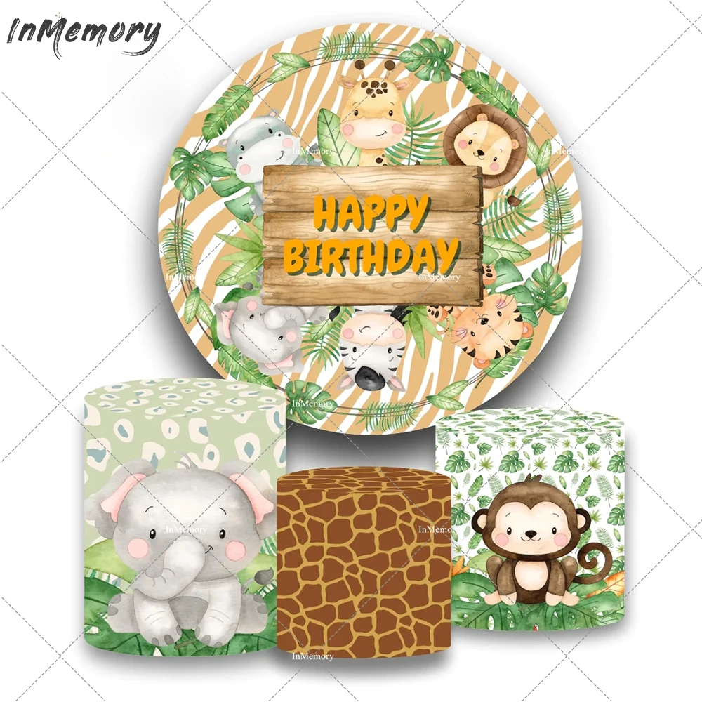 

Safari Oh Baby Round Backdrop Cover Jungle Animal Newborn Baby Shower Background Greenery Leaves Birthday Backdrop Party Decor