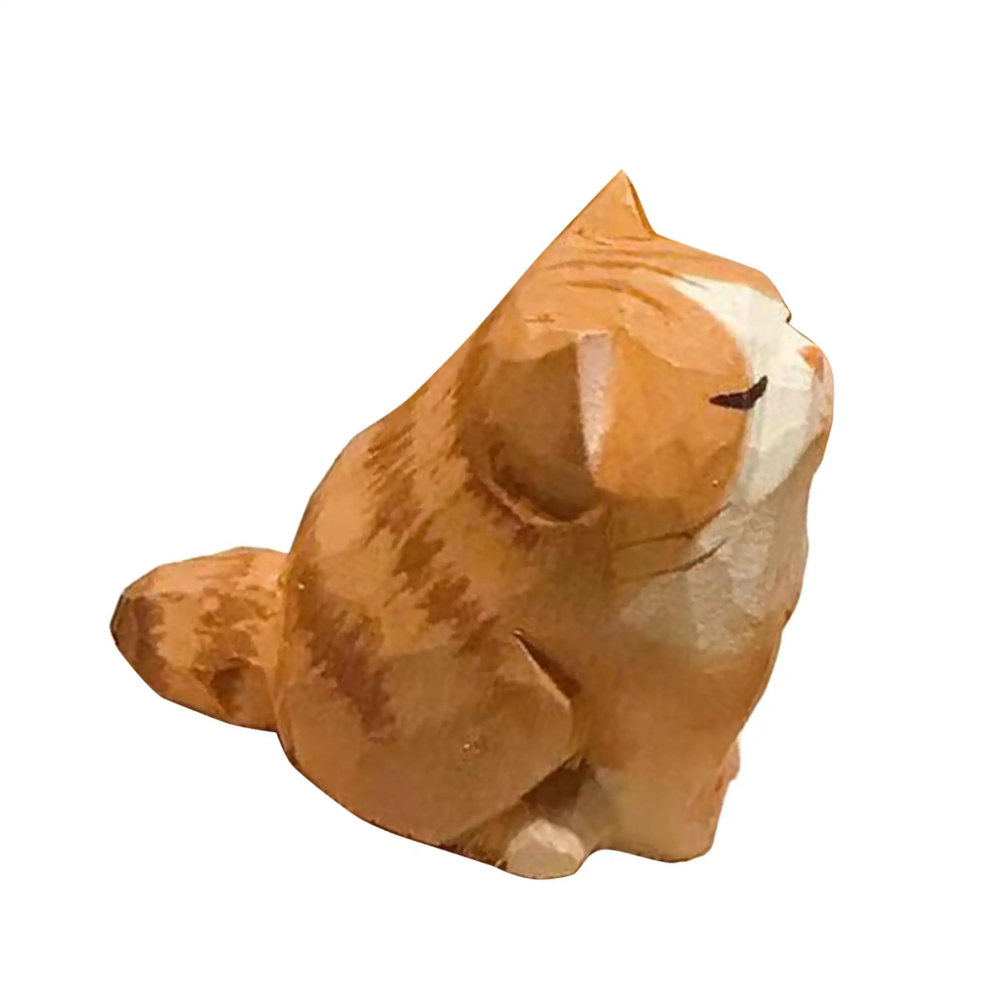 Orange Cat Wooden Figurine Miniature Cute Pet Handmade Small Decoration