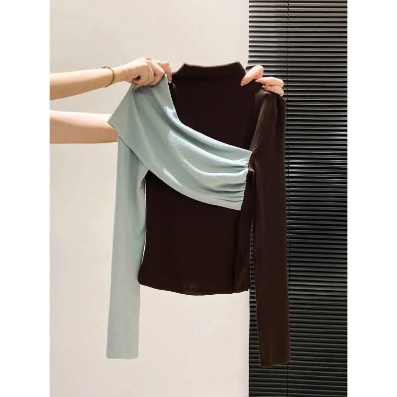Womens Color Block Splice Mock Neck Long Sleeve T Shirt Autumn Slim Fit Chic Casual Top