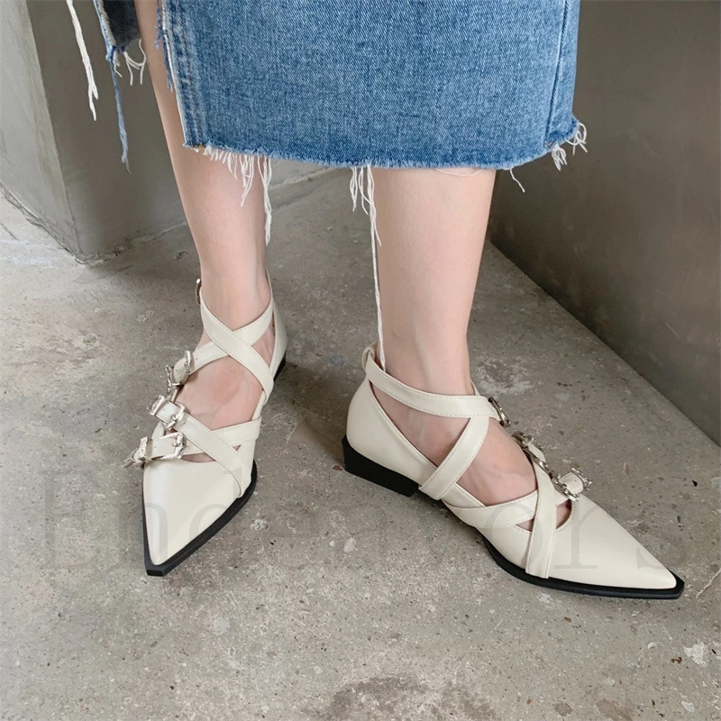 Cross Pointed Toe Shallow Cut Belt Buckle Low Heeled Shoes European and American Fashion Large Size Fashion Women's Pumps Shoes