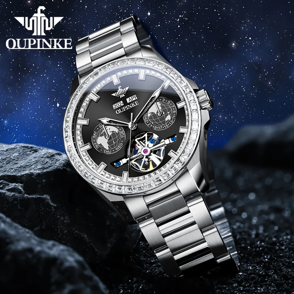 OUPINKE 3280 Fully Automatic Mechanical Watch for Men Luxury Brand Original Diamond Bezel Man Watch Skeleton Flywheel Wristwatch