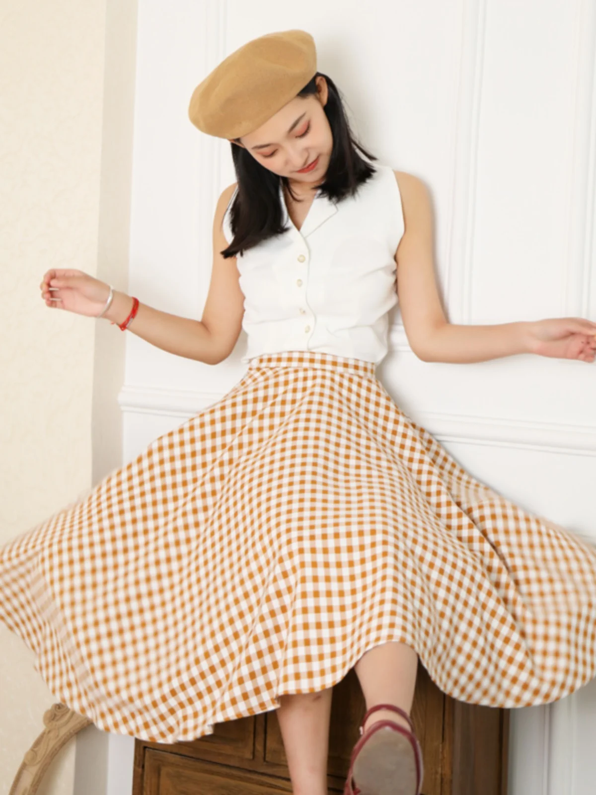 Vintage Hepburn Style Yellow Plaid High Waist Midi Skirt A-Line Slimming Women's Spring Summer Half Body Skirts
