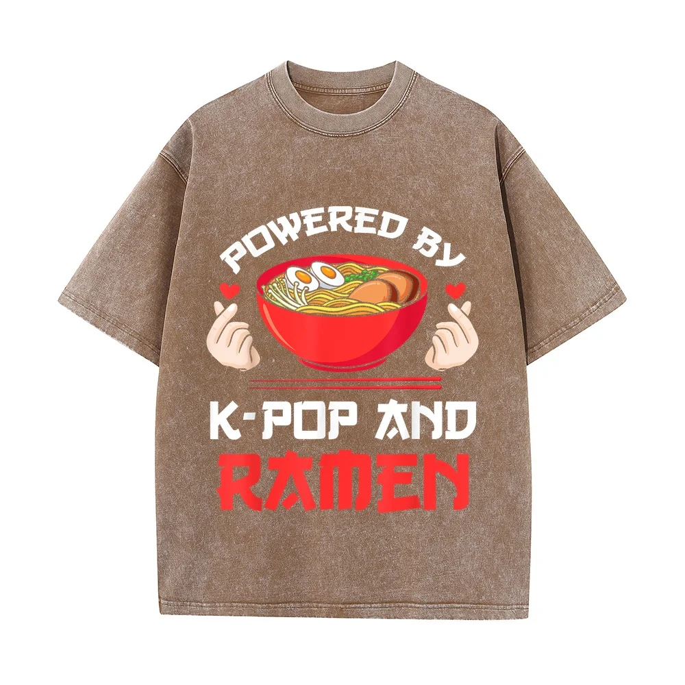 Powered by K-pop and Ramen Merch Merchandise Gift T-Shirt Men's Clothing Freeshippings Items Idea For Wife Short Sleeve Humor