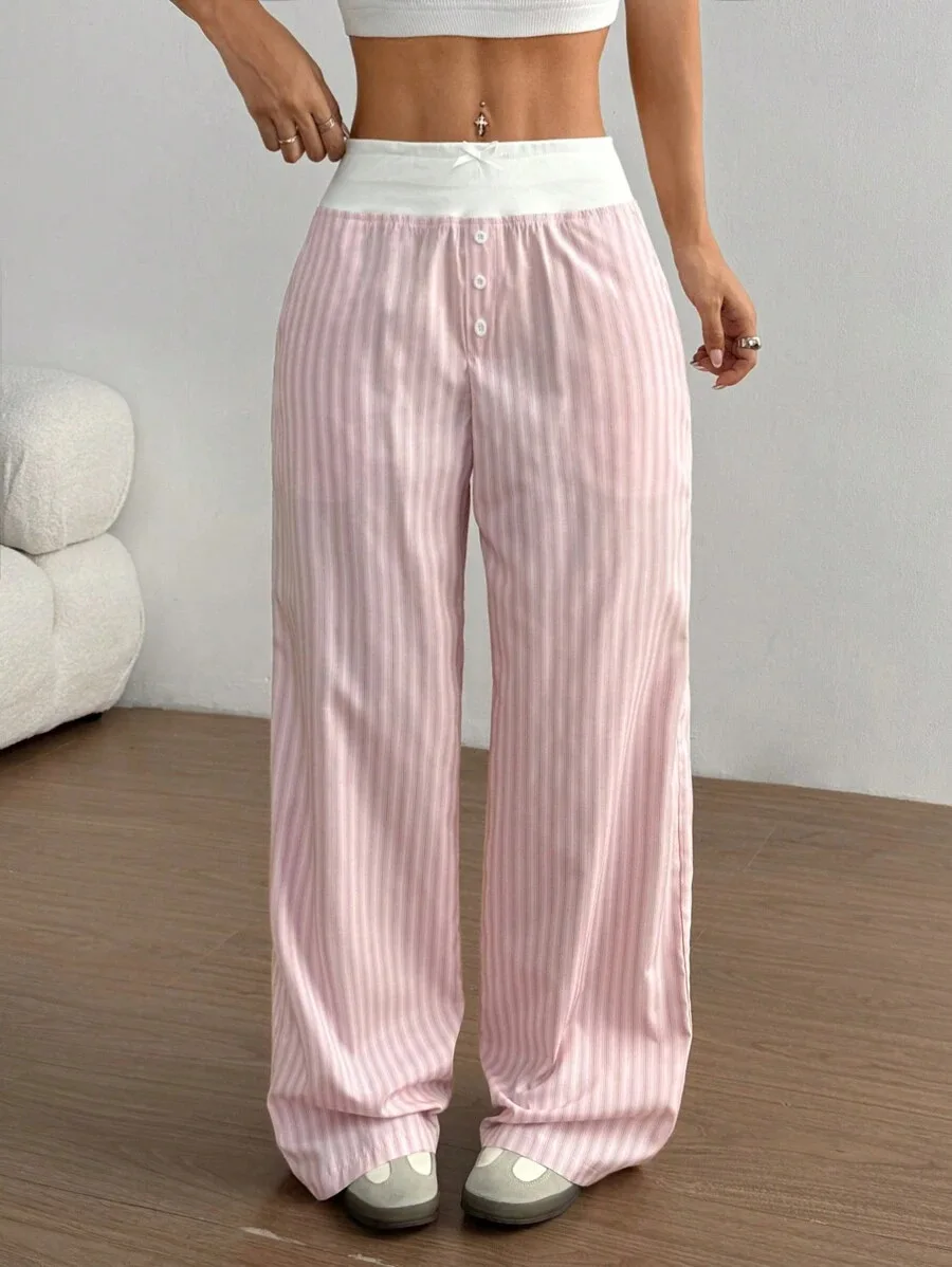 Women's Comfortable Solid Color Striped Pants High Waist Elastic Waist Wide Leg Loose Fit Trousers Casual Daily Pants Dating