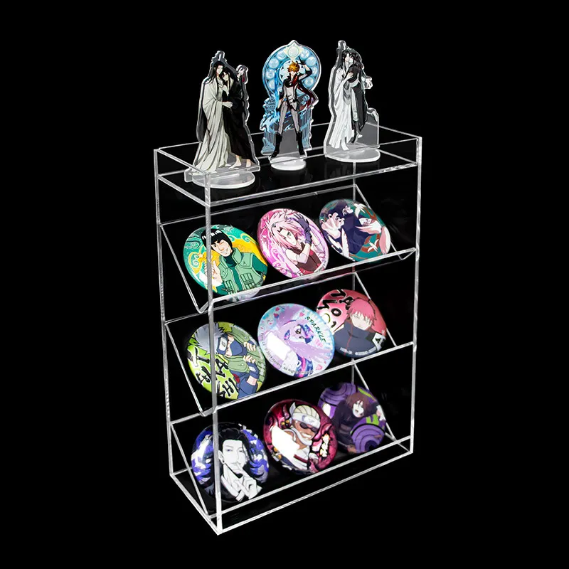 Acrylic Badge Display Stand – Tiered Pin Storage Shelf for Tabletop, Clear Rack for Collectible Anime Goods Merch, Pin Display
