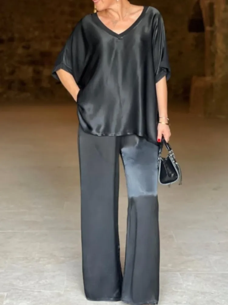 Set Longgar Kasual Wanita Atasan Pullover Leher V Solid Mode + Celana Kaki Lebar Dua Potong Set untuk Wanita Pakaian Kantor Wanita Baru