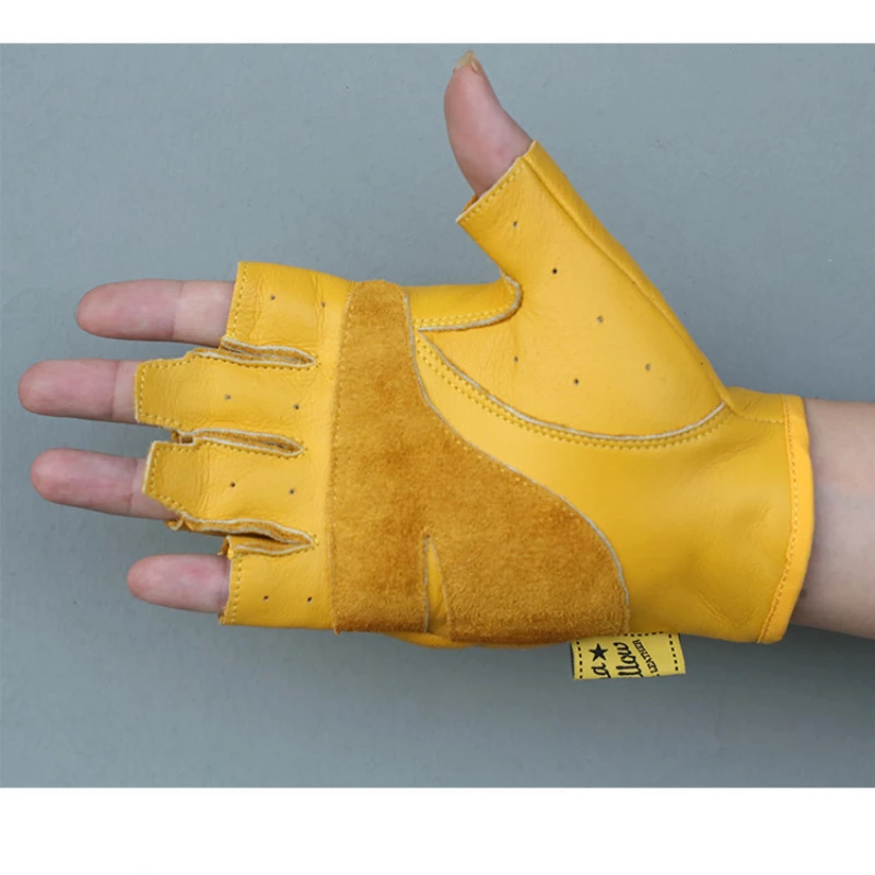 Yellow First Layer Cowhide Half Finger Gloves Motorbike Riding Outdoor Wear-Resistant Protective Genuine Cow Leather Gloves