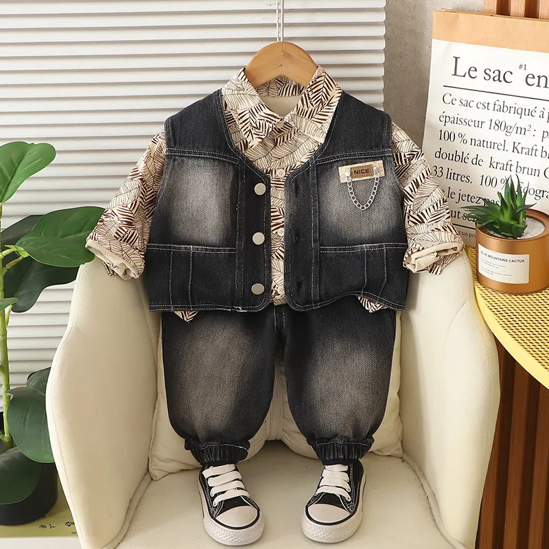 2025 ربيع الخريف جديد بيبي بوي الملابس 12 18 شهرا بلون سترة جينز + قمصان + السراويل الاطفال الفتيان أول عيد ميلاد الزي مجموعة #3