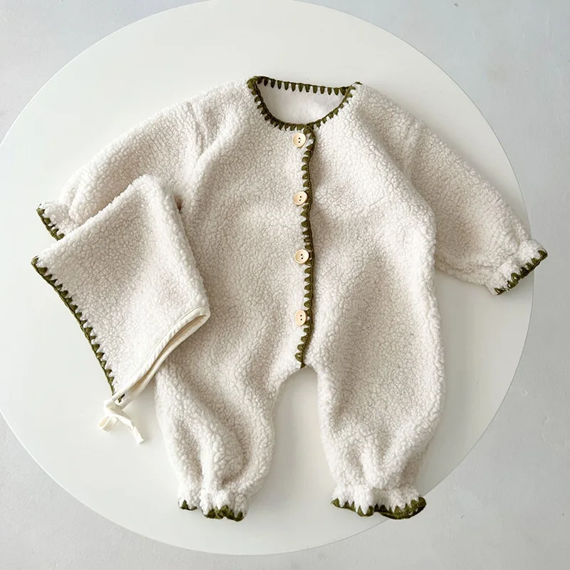 Winter Baby Romper Lamb Wool Jumpsuit Hat Set for Boys Girls Loose Toddler Infant Rompers Fashion Plush Kids Clothing 0-3 Years