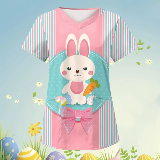 

Women Easter Day Nurse Uniform Scrubs Bunny Rabbit Graphic Funny Letter Print Short Sleeve Nursing Medical Healthcare Uniforms