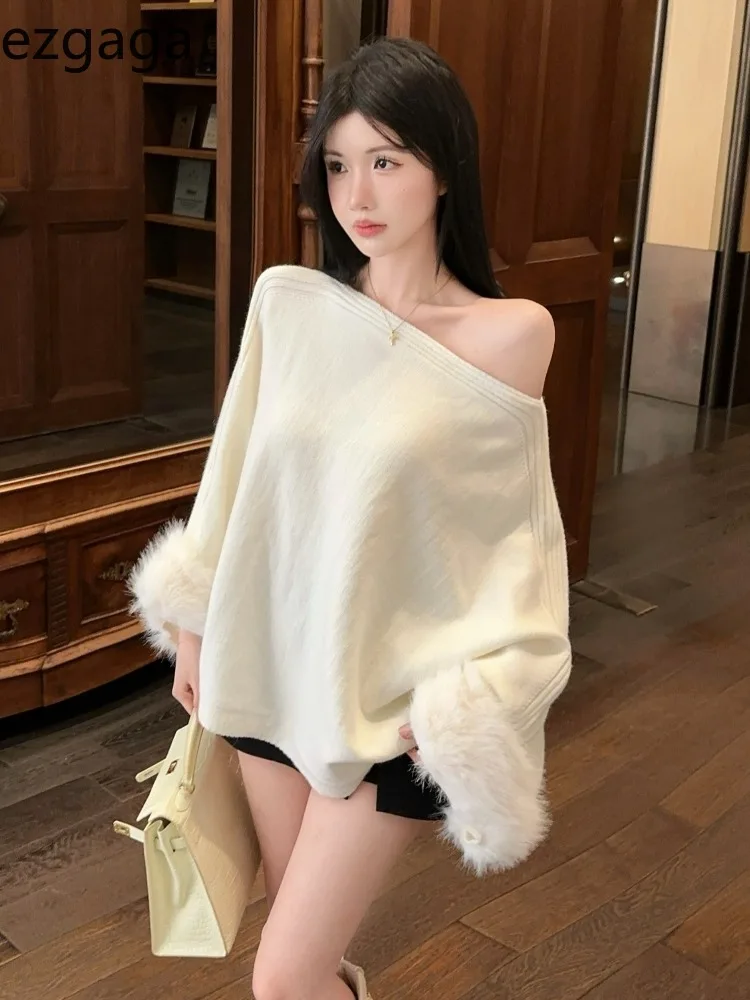 

Ezgaga Knitted Sweater Women Sexy Furry Patchwork Long Sleeve Off Shoulder Loose Autumn Winter Pullover Female Casual Jumper
