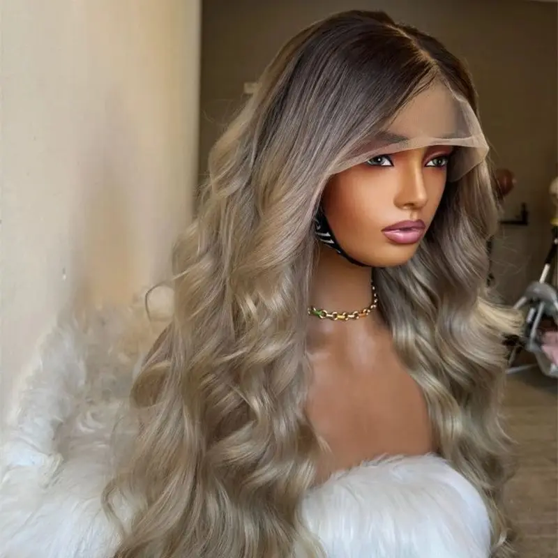 

Бесклеевые парики Платиновый дымчатый парик шнурка с темными корнями Мягкие парики для вечеринок Длинные объемные волны Парик фронта шнурка Синтетические парики HD 30-дюймовые