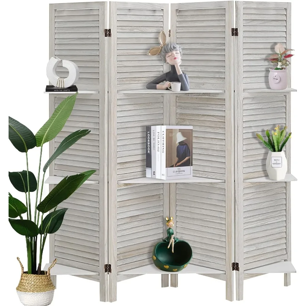 

Room Divider 4 Panel, White with Shelves, Wall Dividers and Folding Privacy Screens, Portable Room partitions for Bedroom