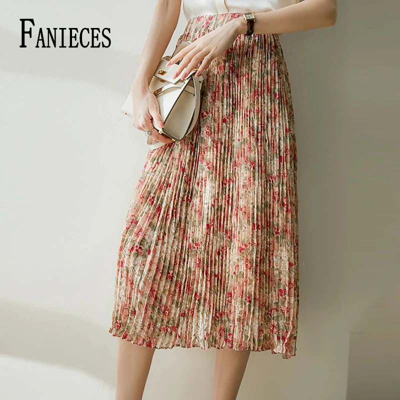 FANIECES Floral Print Chiffon Pleated Long Skirt Women Summer High Waist Folds Mi-Long Female Skirt Boho Holiday Casual Faldas