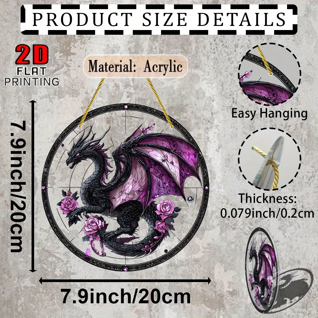 Acrylic Painting Mysterious Black Dragon with Purple Wings and Roses Stained Glass Style Round Wall Decor, 2D Flat Printing Goth