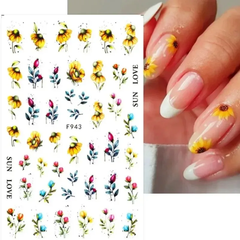 Autocollants pour ongles 3D à fleurs colorées, feuille verte, marguerite florale, décalcomanies à l'eau pour Nail Art, curseur de manucure, papillon, décor de pointes d'ongles