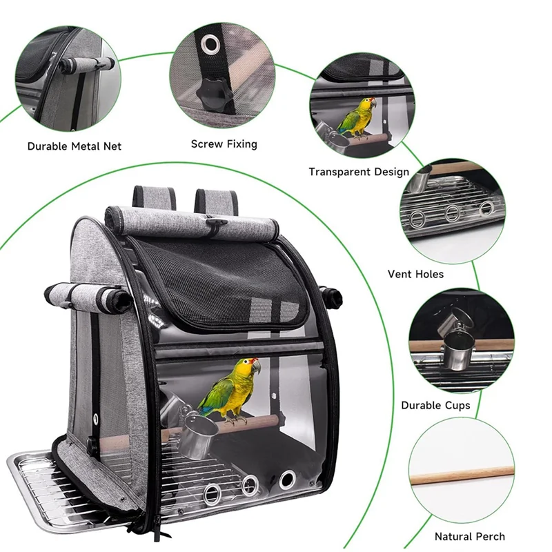 CQMF-حقيبة حاملة الطيور الشبكية المصنوعة من الفولاذ المقاوم للصدأ مع جثم، حقيبة ظهر للسفر، شفافة محمولة #1