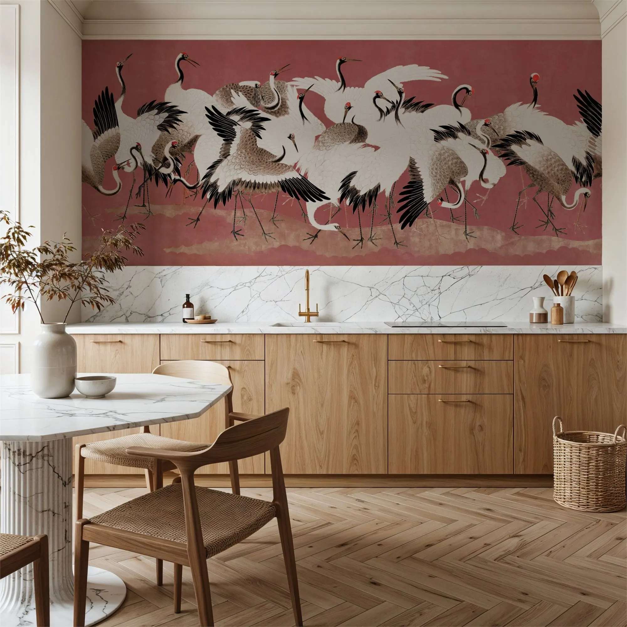Japanese Flock of Cranes Coral Blush Under the Sea Wallpaper Custom Wall Mural for Bedroom