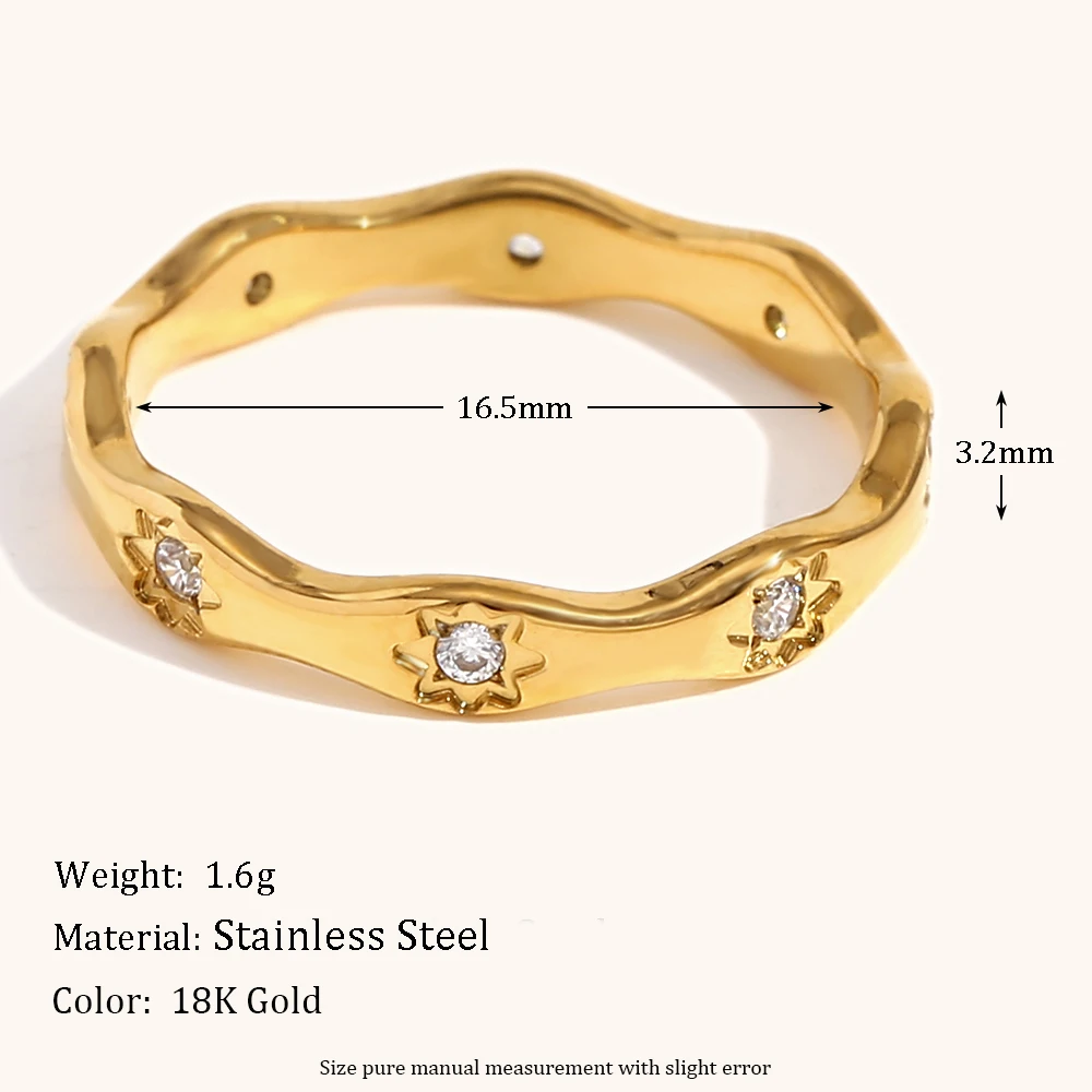 La.Muses Ripple Edged Octagonal Cubic Zircon Pattern Stainless Steel Women\'s Rings Waterproof Daily High-end Jewelry Accessories