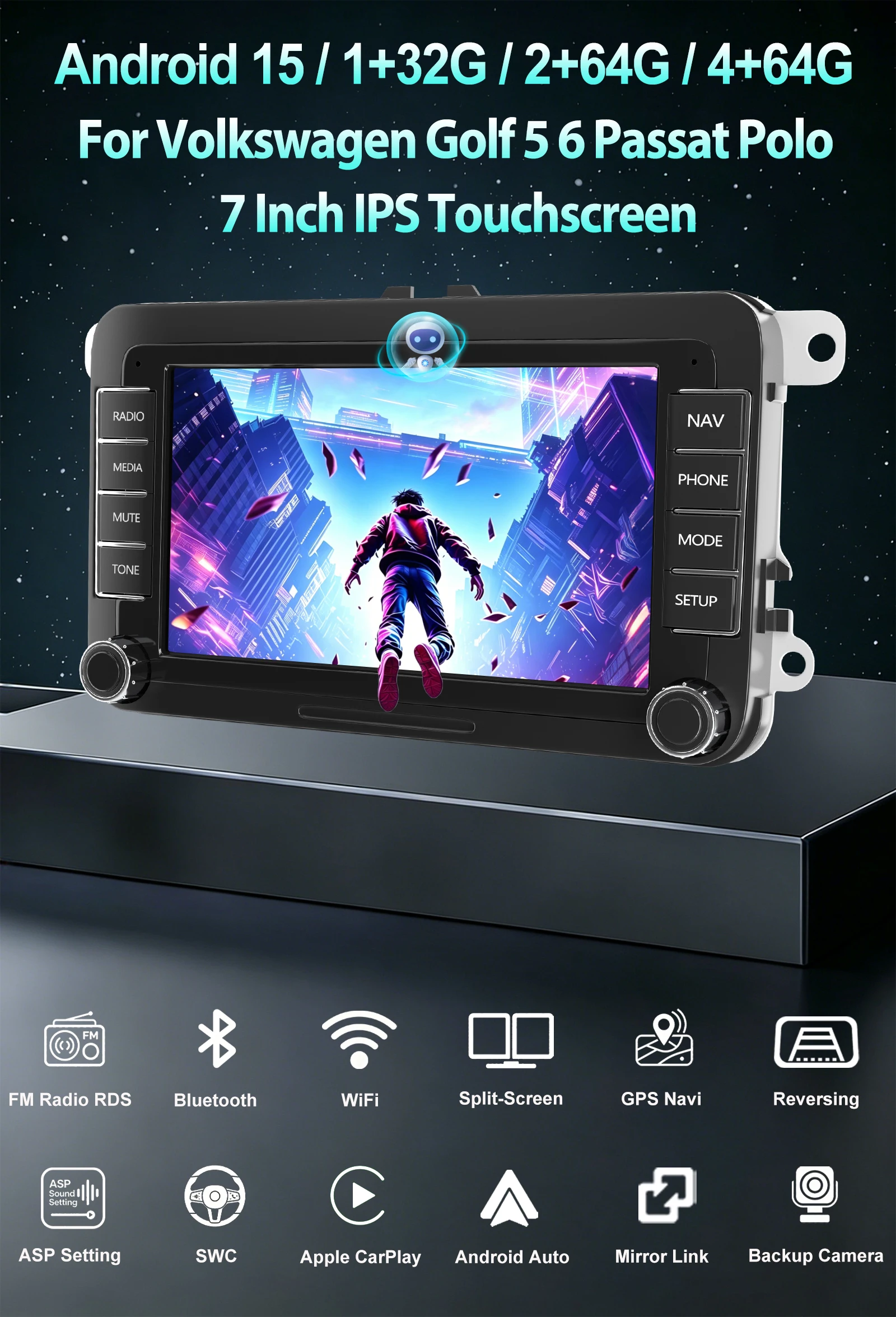 ESSGOO 7" Android15 2+64G/ 4+64G Für Seat/Skoda/VW Golf 5 6 Passat Polo Touran Tiguan Rabbit Sharan Caddy EOS T5 Autoradio mit Wireless Carplay Android Auto GPS NAVI RDS FM WIFI Bluetooth AI Sprachsteuerung Mirror Link SWC IPS Touchscreen Multimedia-Player – Detail 5
