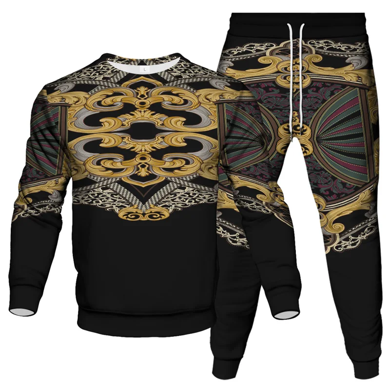 Baroque Style Vintage Luxury Royal Leopard Printing Golden Flower Men Women Tracksuit Sweatshirt Pants 2 Piece Sets Clothes Suit