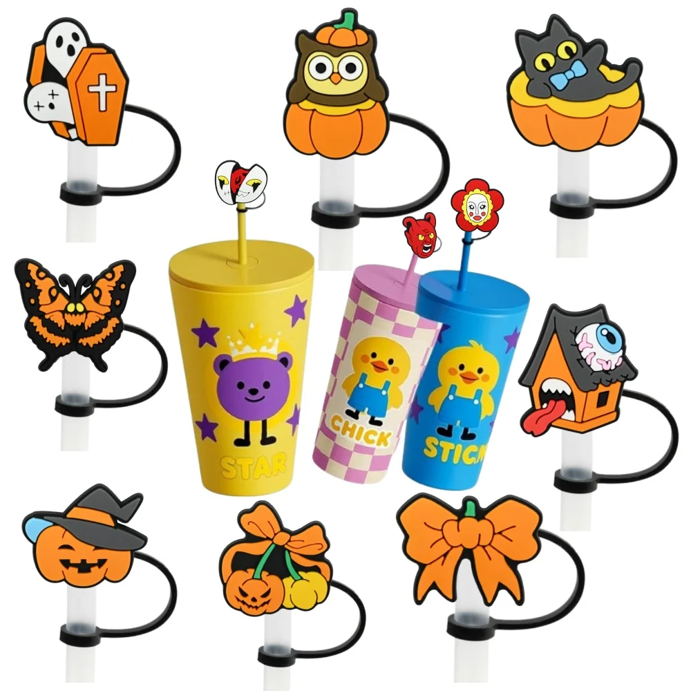 

1-13 шт., соломенная крышка серии тыквы на Хэллоуин, силиконовая заглушка, многоразовый наконечник, брызгозащищенная чашка для питья, подвеска для вечеринки для детей