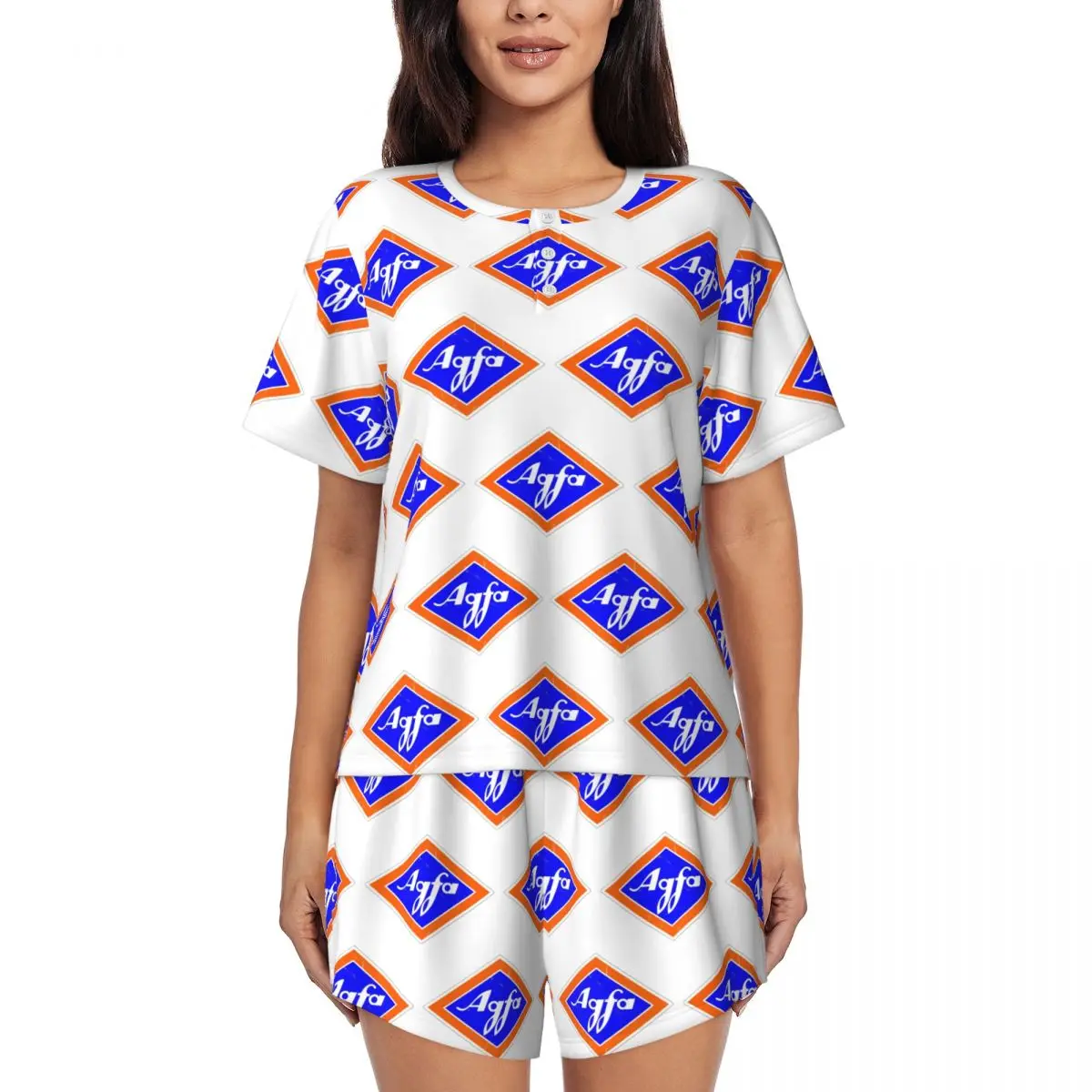 Camisones de manga corta con cuello redondo y logotipo retro de Agfa Film de los años 60, camisones para dormir, conjunto de pijama holgado para mujer, pantalones cortos