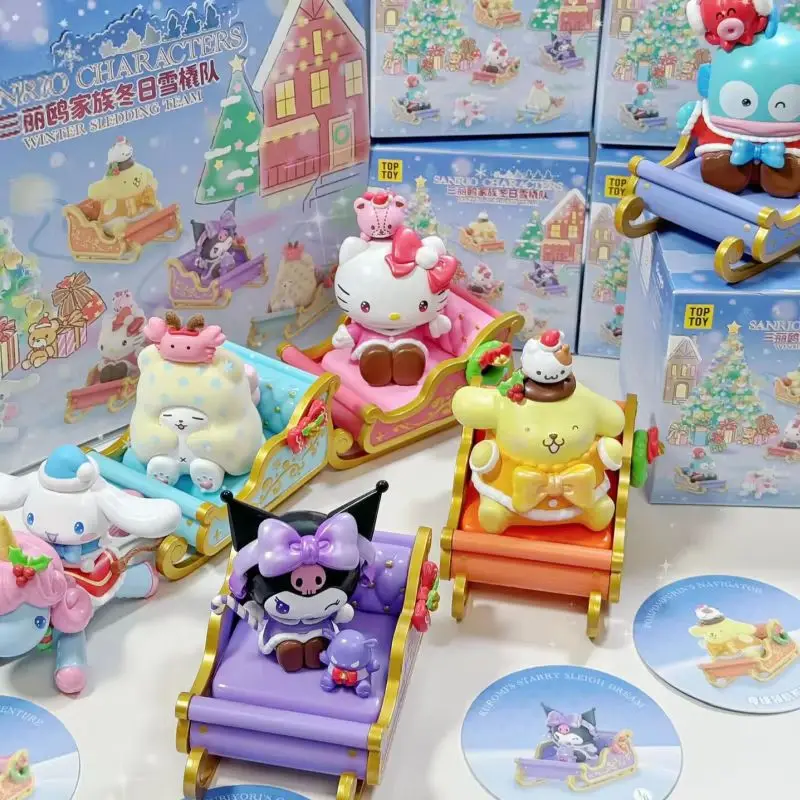 Blind Box Original Sanrio Winter Sledding Team Kuromi Hellokitty Cinnamoroll Pom Pom Purin Hangyodon Kids Christmas Gifts