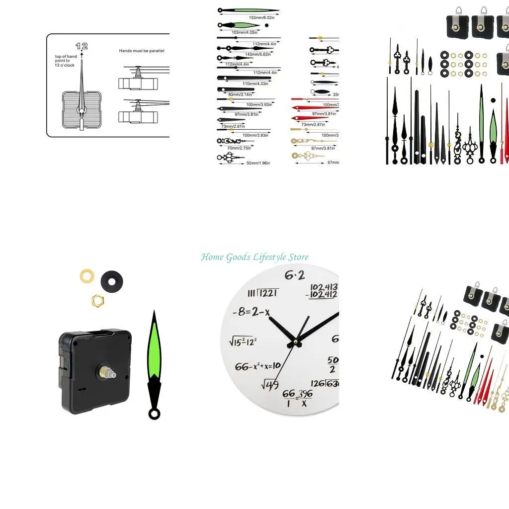 E74E DIY Clock Repair Kits Includes 6Pieces Quiet Movement Mechanism and Various Decorative Hands for Wall Clock Restorations