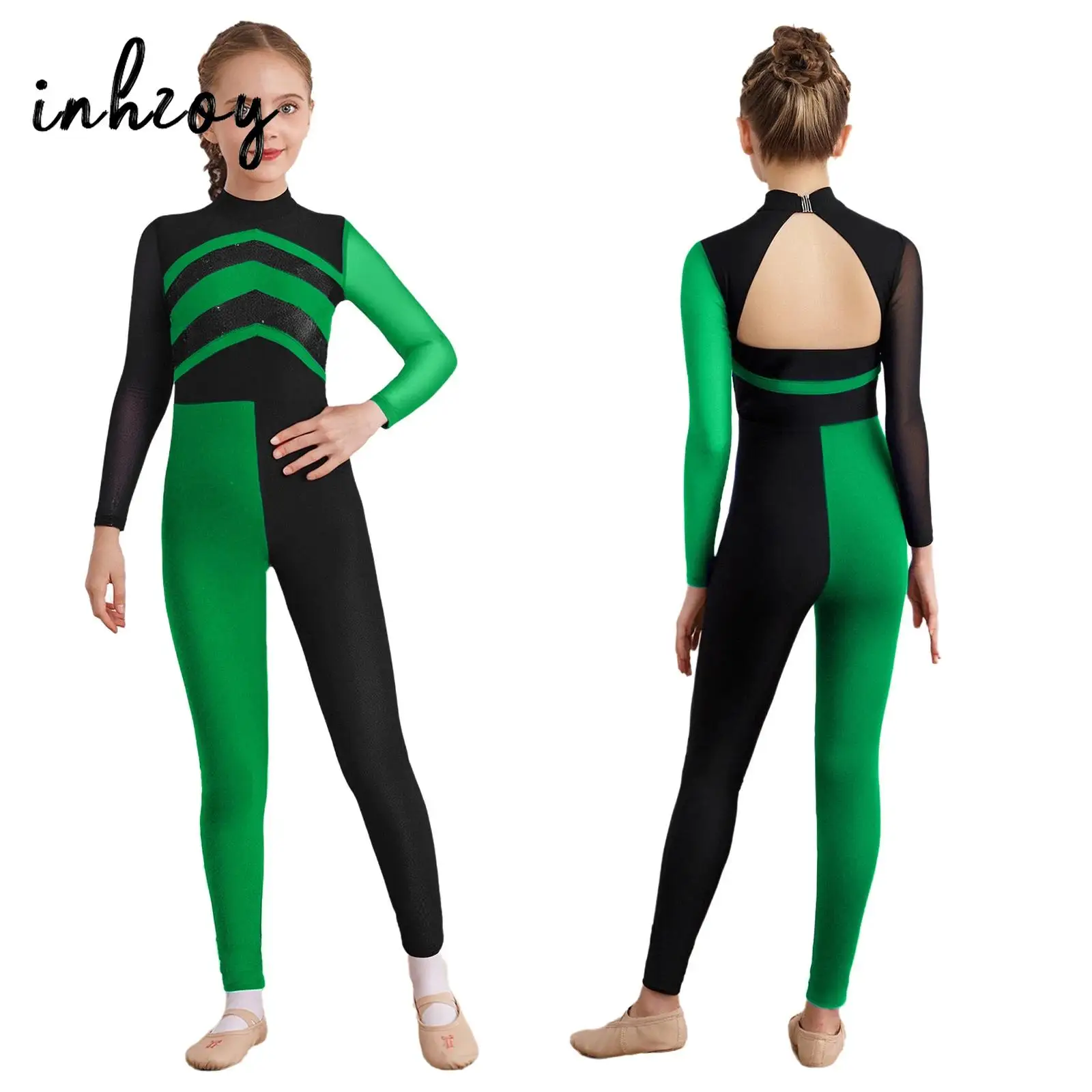 Bambini Ragazze Balletto Ginnastica Pagliaccetto Costume da spettacolo di danza Tuta con paillettes con maniche lunghe in rete Abbigliamento per spettacoli teatrali