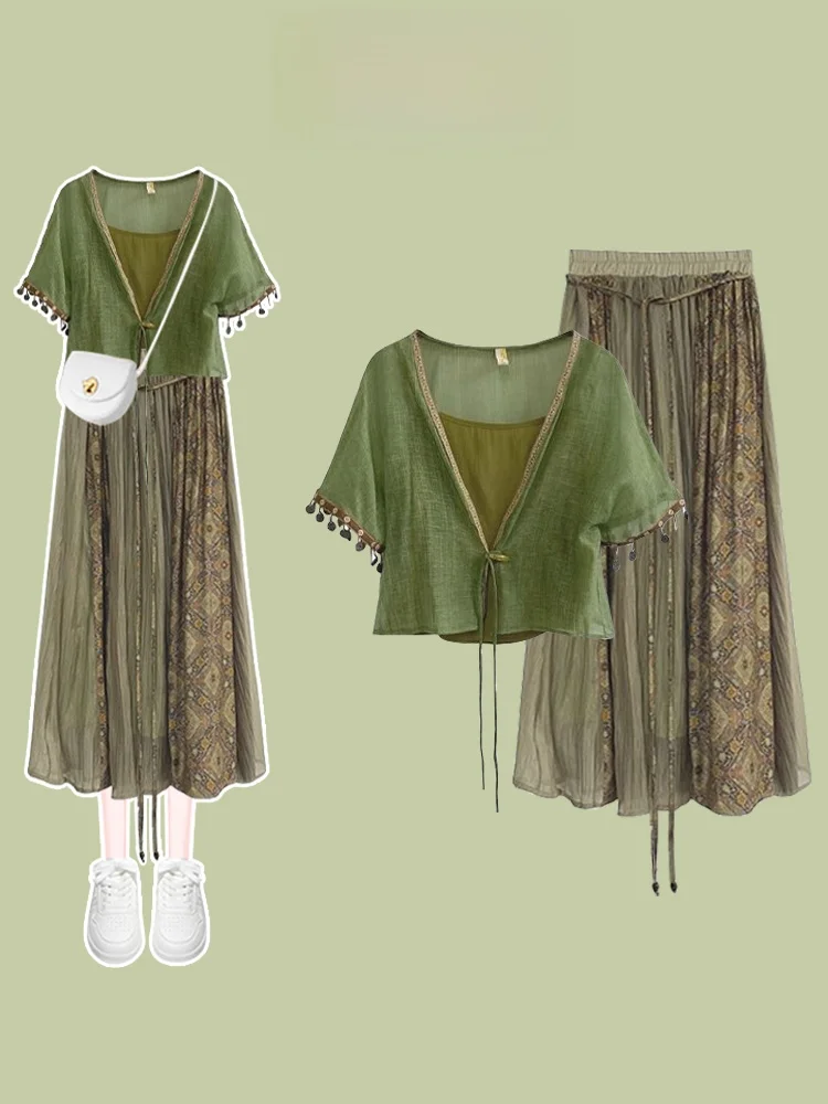

New Chinese Sle Casual Summer Dr Set for Women Intr een Two-Piece Suit V-Ne ort Sve Button-Up Faion