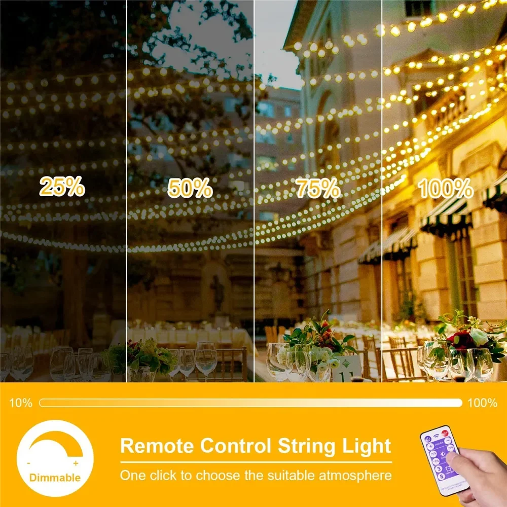 G40 Solar Powered Globe String Lights with Remote 7M/10M22.5M Bulbs Warm White Dimmable IP65 Waterproof for Courtyard Party