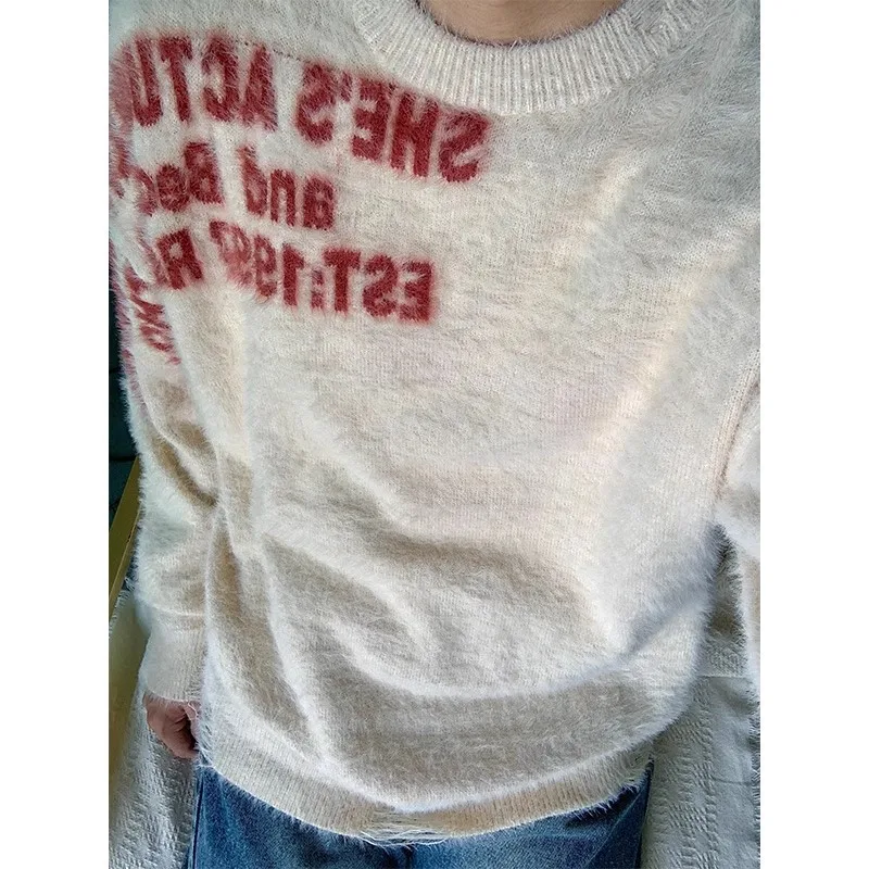 

American Retro Soft Faux Fur Sweater Loose Lazy Couple Knitted irt Creative Embroidery Letter Design Women's Sle Casual A...