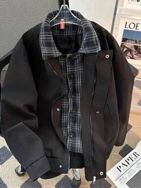 

Casual Plaid Collar Jaet Men's Spring Autumn Loose Fit Simple Design Versatile Stand Collar Coat Fake Two-Piece Outerwear