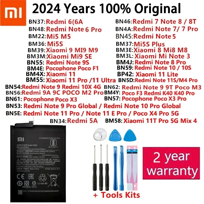 For Xiaomi Redmi Note Mi K40 5 5A 5S 6 6A 7 8 8T 9 9A 9C 9S 9T 10 10S 10X 11 11S 11T SE Poco F1 M2 M3 F3 X3 4X Plus Pro Battery