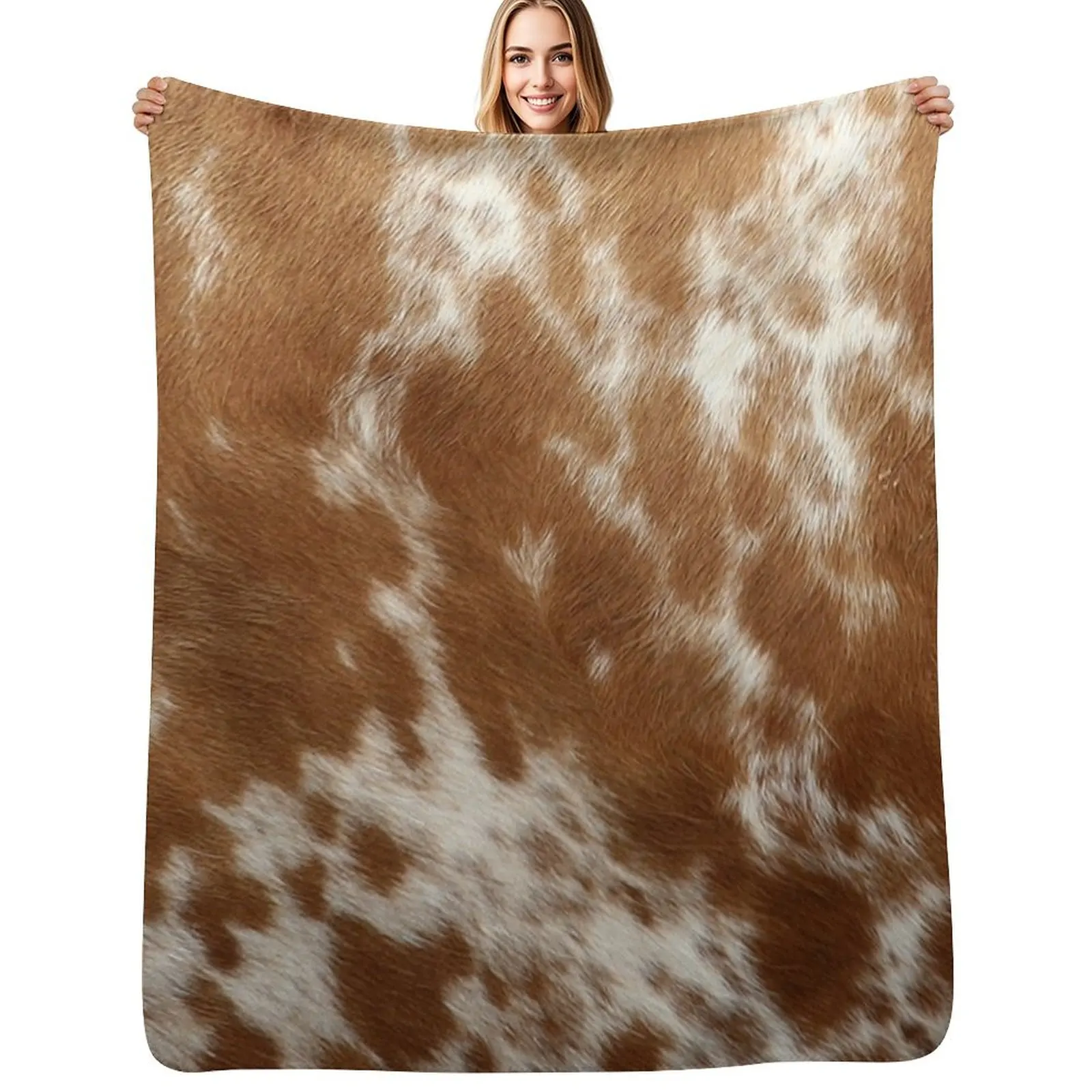 Brown Cowhide, Cow Skin Print Pattern, Modern Cowhide Faux Leather Throw Blanket Summer Cool Breathable Blanket for Sleeping