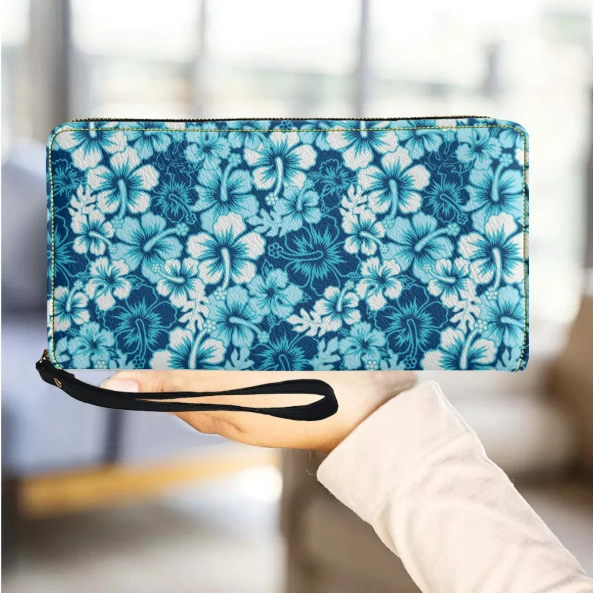 

2023 Coin Purse Elegant Fashion Girls Party PU Leather Small Purse Blue Hibiscus Flower Designer Card Holder Clutch Portefeuille