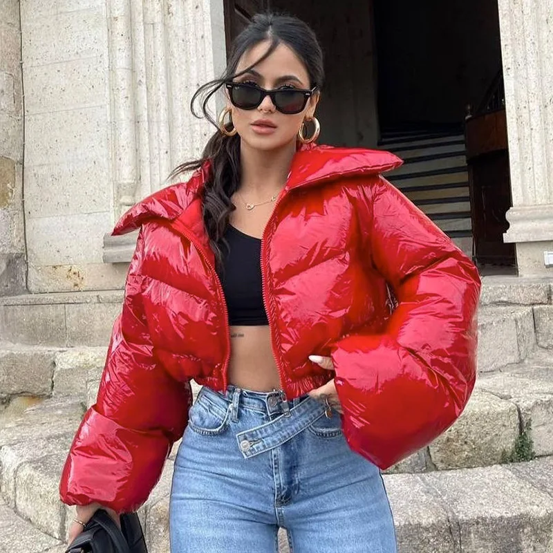 PU Leather Cropped Puffer Jackets Women Winter Warm Cute Shinny Bubble Flared Coats Outerwear Bright Parka Down Zipper Jackets