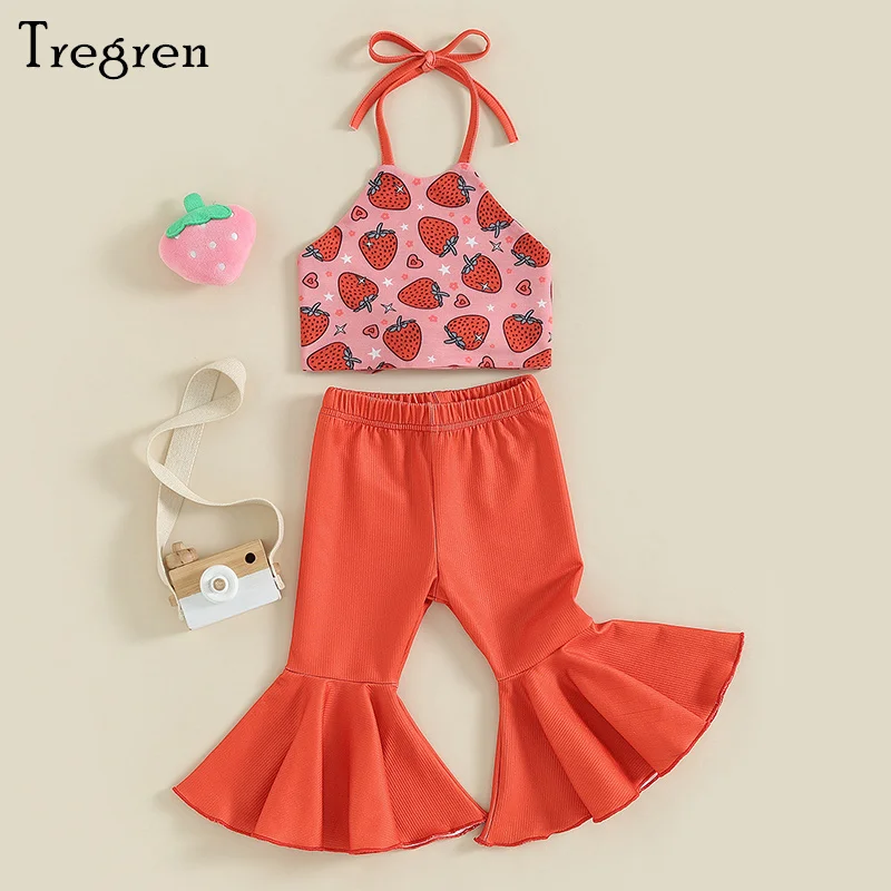 

Tregren 0-3Y Infant Baby Girls Summer Outfit Tie-up Strawberry Print Vest Tops with Flare Pants 2pcs Clothes Sets Sweet Style